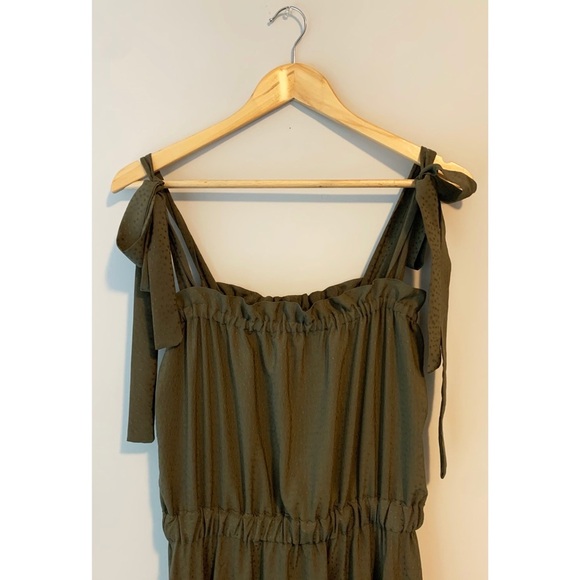 Handmade Custom Rust Clay Olive Green and Red Midi Tie Strap Rayon Ruffle Dress - Picture 15 of 16